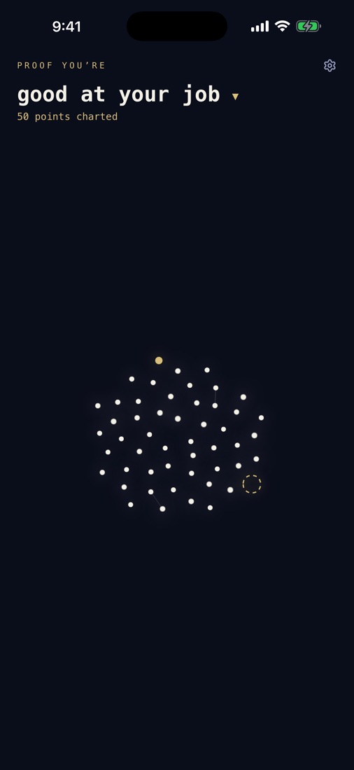 Proof home screen: a star chart of logged proof
